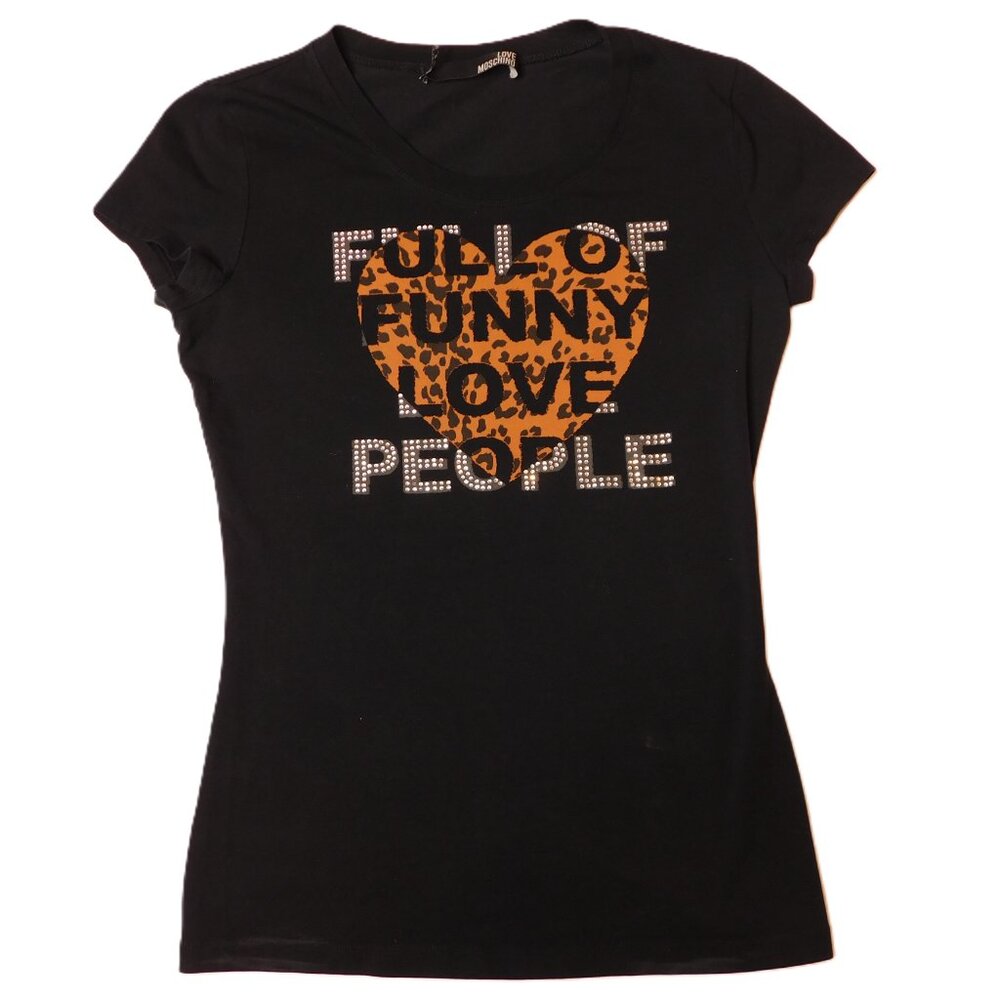 Love Moschino Black Fitted Tee w/Leopard Heart Graphic & Rhinestones | GUC | 6